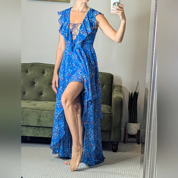 Lulu's Floral Ruffle Hi-Lo Dress Size XS Blue Vacation - Picture 1 of 13